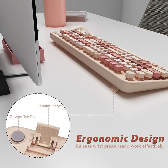 Wireless Keyboard and Mouse, KOOTOP Cute Keyboard and Mouse, 2.4G Wireless Keyboard with Retro Round Keycap for PC, Mac, Laptop,Computer Windows (Milk Tea)