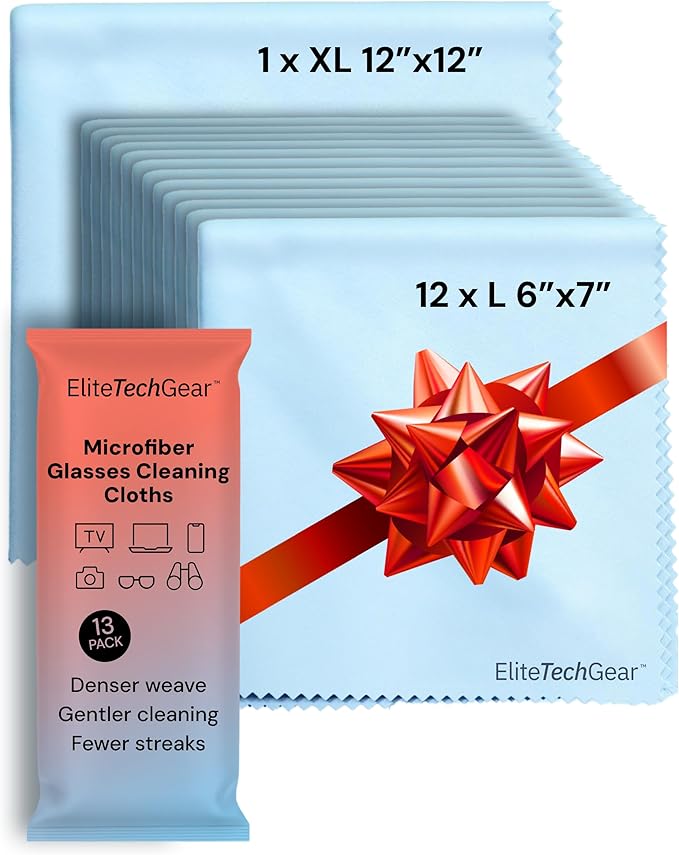 Elite Screens Oversized Microfiber Cleaning Cloth Set - 13-Pack, Blue, 6" x 7" & 12" x 12" - Smudge-Free Lens Cleaning Cloths for Eyeglasses - Reusable Microfiber Glasses Wipes