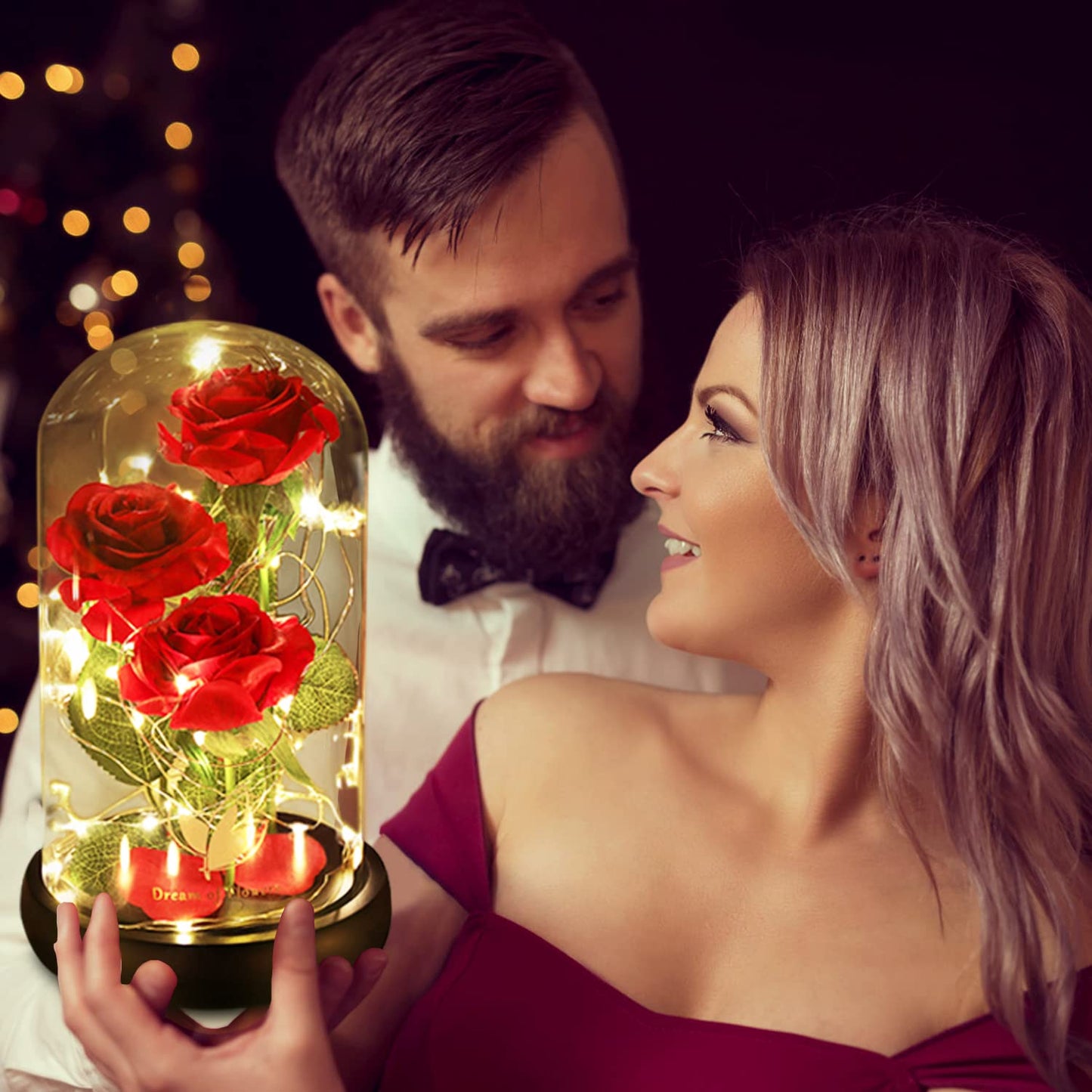 Flower Gifts for Women,Beauty and The Beast Rose in Glass Dome with 2 Lights Mode,Light up Rose Anniversary Romantic Gift for her,Birthday Gifts for Women,Mom,Wife,Girlfriend,Silk Red Rose Gift