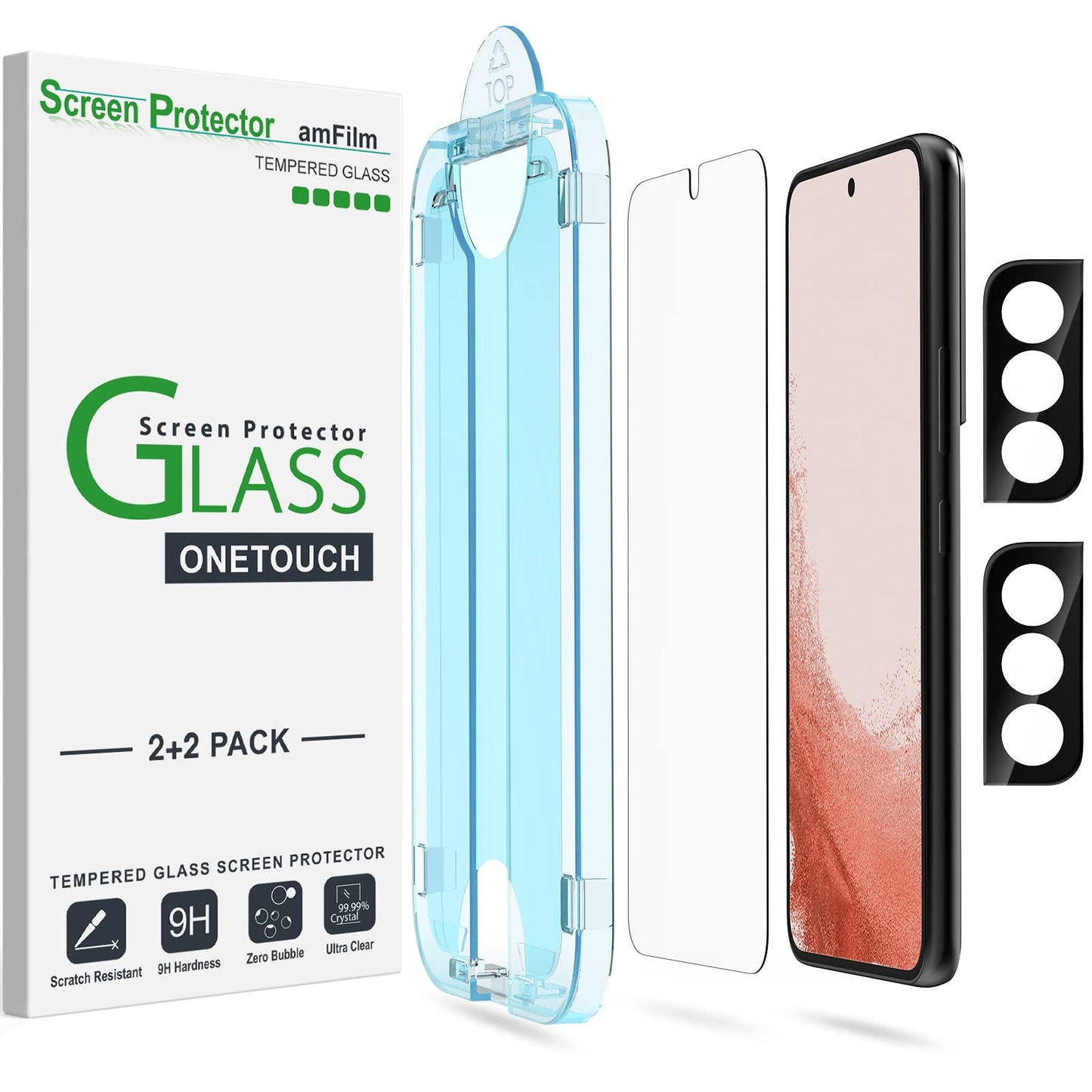 Amfilm Onetouch Screen Protector For Samsung Galaxy S22 Plus 6.6 Inch, Samsung Galaxy S22 + 6.6 Inch, 9H Hardness With Camera Le