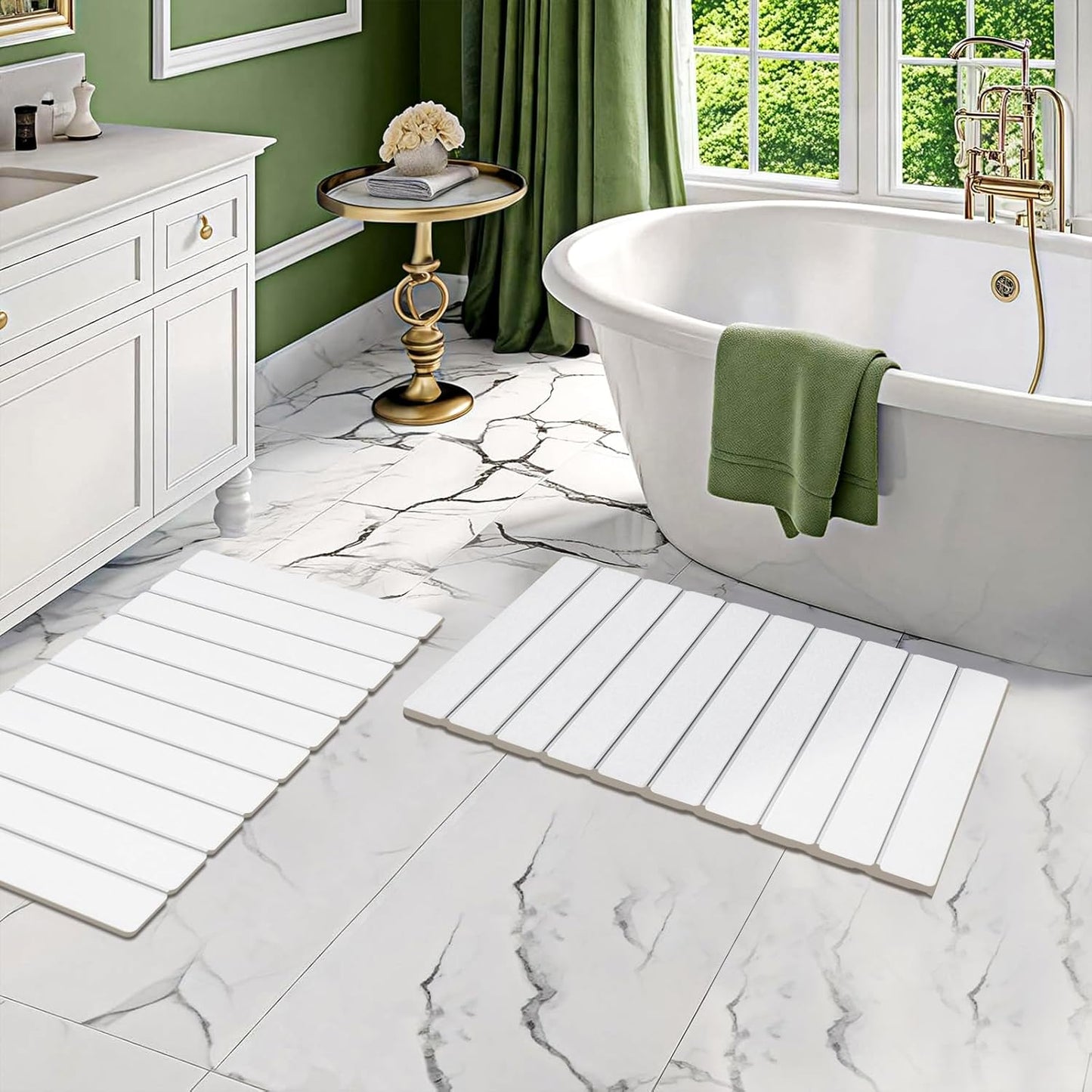 2 Pack Foldable Stone Bath Mats, White Super Absorbent Diatomaceous Earth Bath Rug, Non-Slip Shower Mat, Quick-Drying Bath Rug and Drying Mat for Tub and Shower