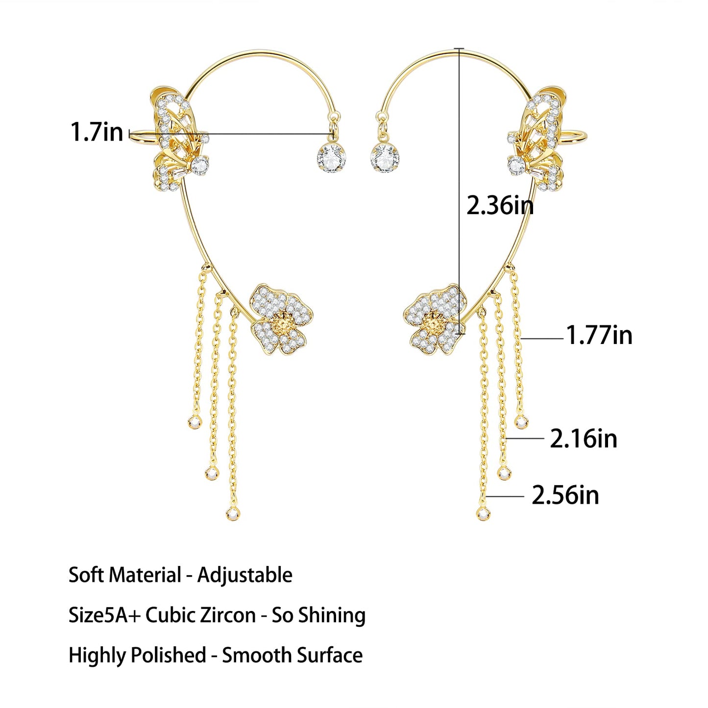 MelleFlarynsun 2Pcs Butterfly Tassel Style Zircon Earrings Ear Cuff for Women Gold Tassel Earrings Non Pierced Flower Wrap Around Ear Clips Fairy Earring Butterfly Dress Jewelry