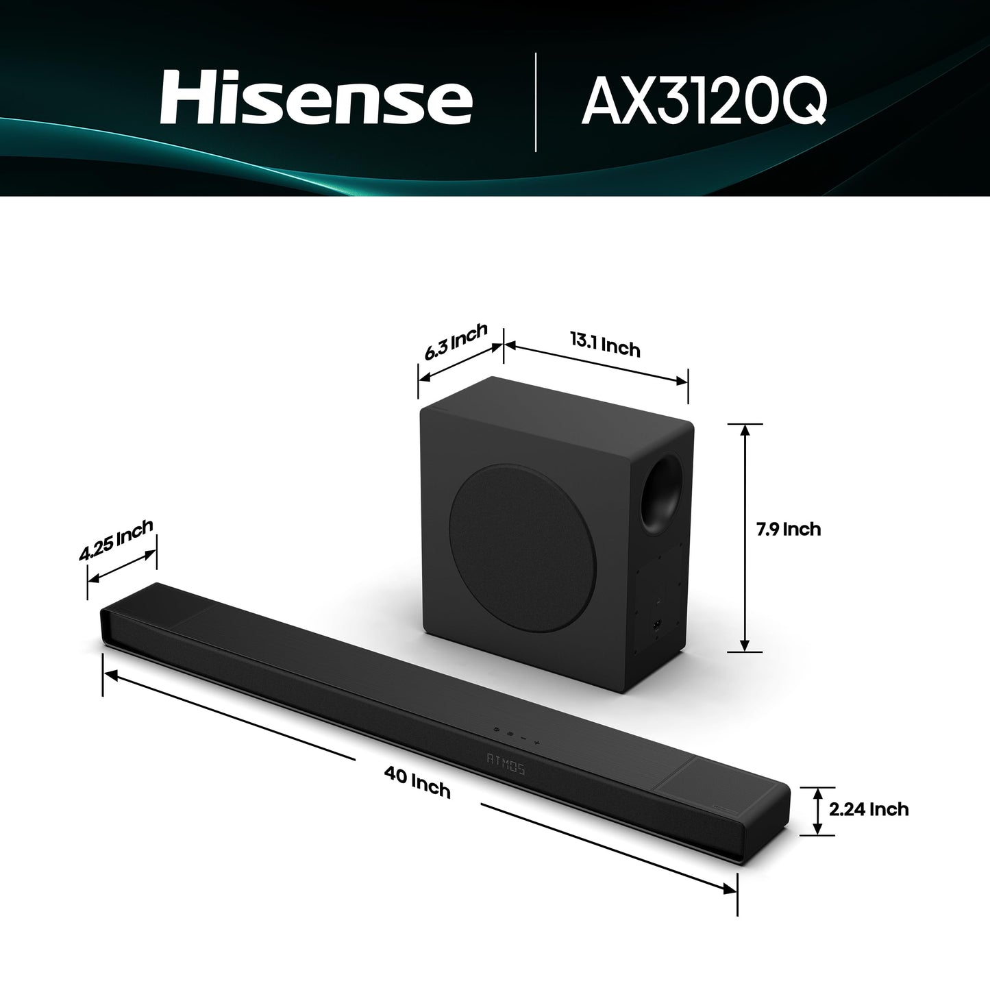 Hisense AX3120Q 3.1.2Ch Sound Bar with Wireless Subwoofer, Dolby Atmos, DTS:X, Bluetooth 5.3, Roku TV Ready, HDMI/AUX/ARC/Optical/USB, EzPlay 3.0, 7 EQ Modes, Hi Concerto