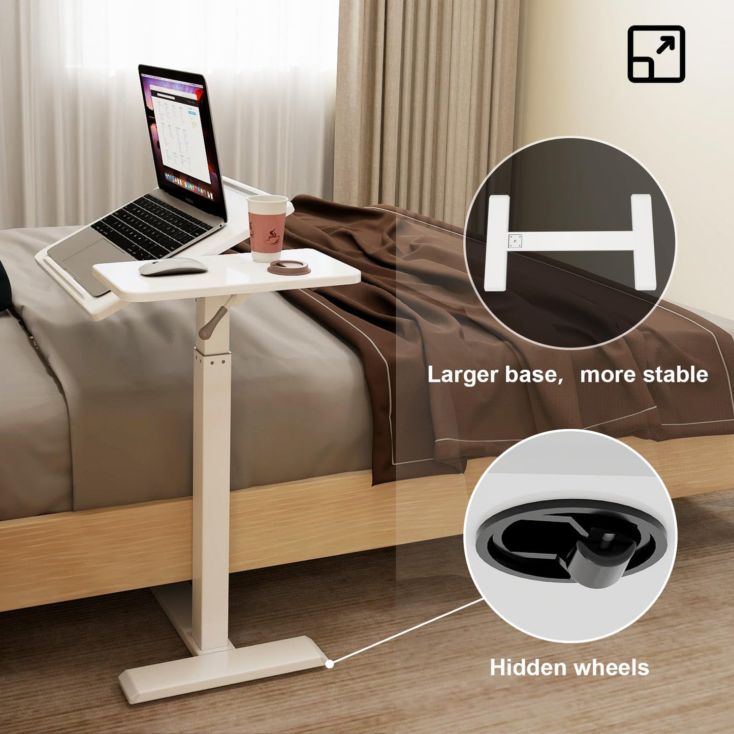 PUNCIA Adjustable Pneumatic Overbed Table with Wheels Split Top Tilting Bedside Bed Table with Tray Rolling Laptop Computer Standing Desk Cart Height 27"-40"