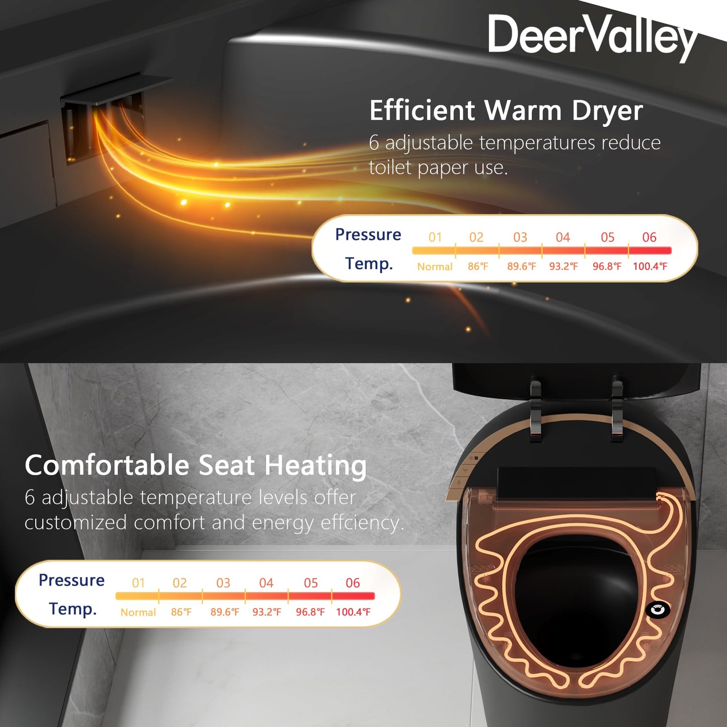 DeerValley Smart Toilet, Tankless Design with Integrated Bidet, Automatic Open/Close Lid, Auto Flush, Heated Seat, Black, Elongated