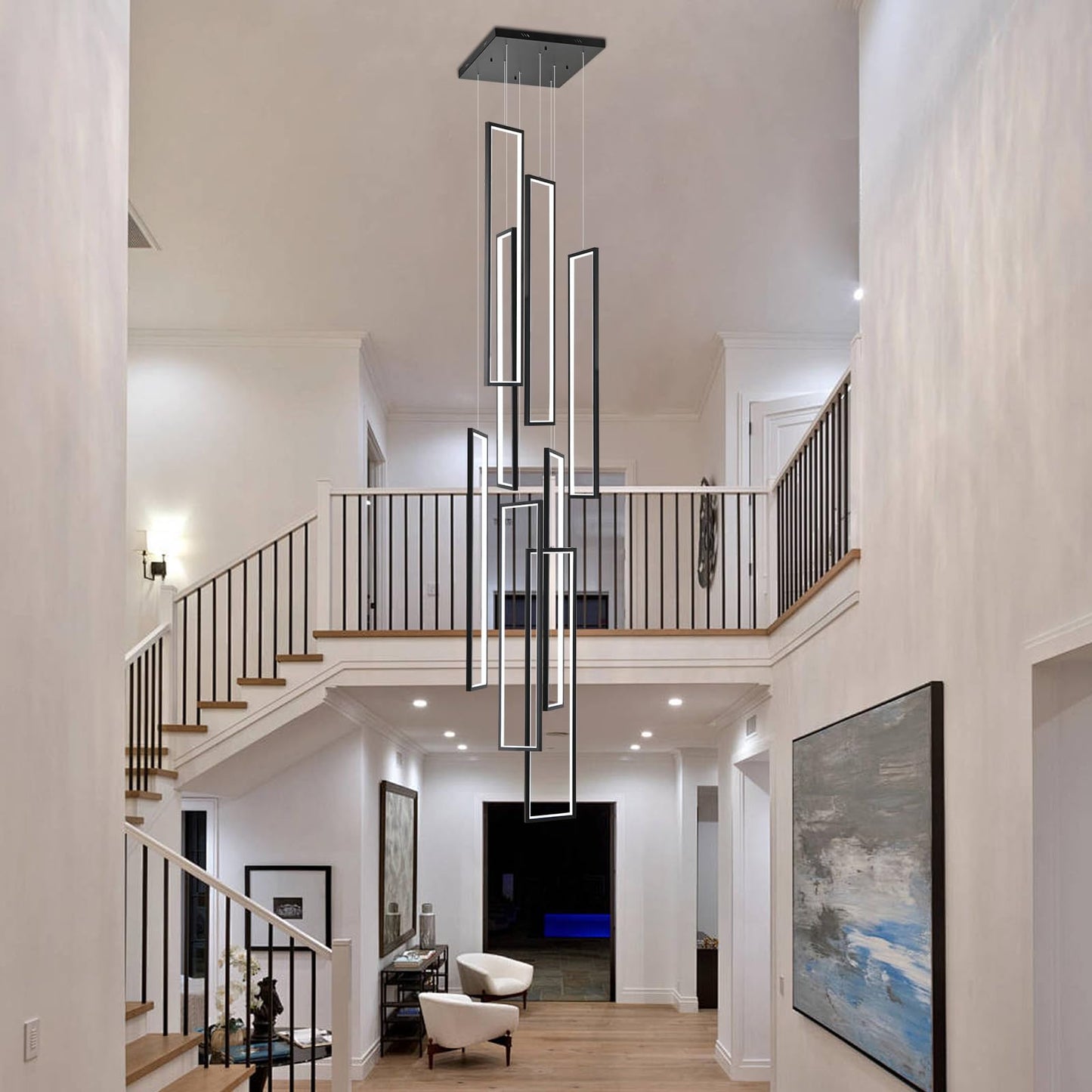 GEADI Foyer Chandelier for High Ceilings, 8-Light Modern Dimmable LED High Ceiling Pendant Light Fixture with Remote Control, Black Large Chandelier for Entryway, 3000-6500K