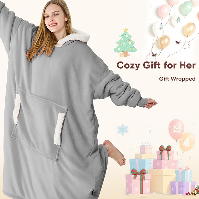 yescool Wearable Blanket Hoodie, Flannel Sherpa Fleece Blanket Sweatshirt for Adults Women Men,One Size Fits All