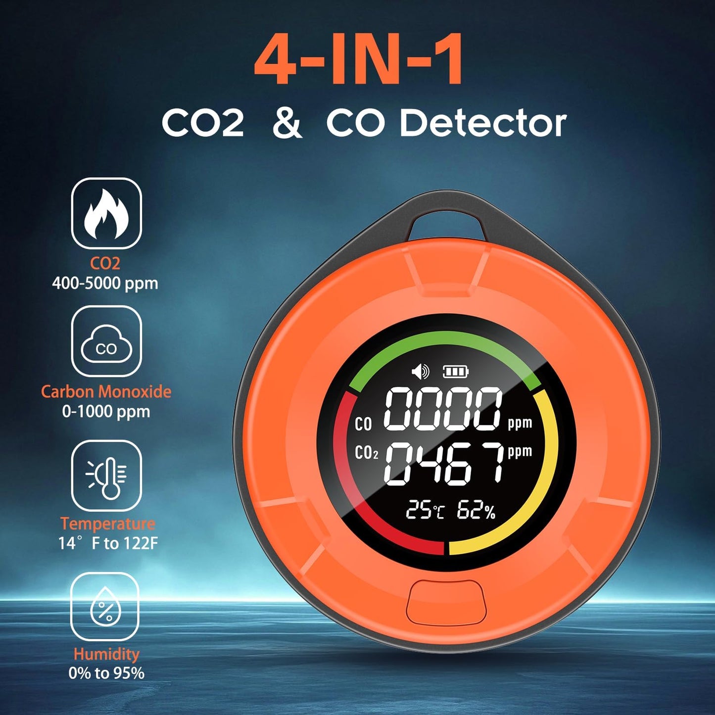 Portable Carbon Monoxide Detector for Travel：4-in-1 CO2 Monitor for Home - 1000mAh Battery Mini CO Carbon Dioxide Alarm with Temperature(°F) & Humidity for RV Hotel Camping- Orange