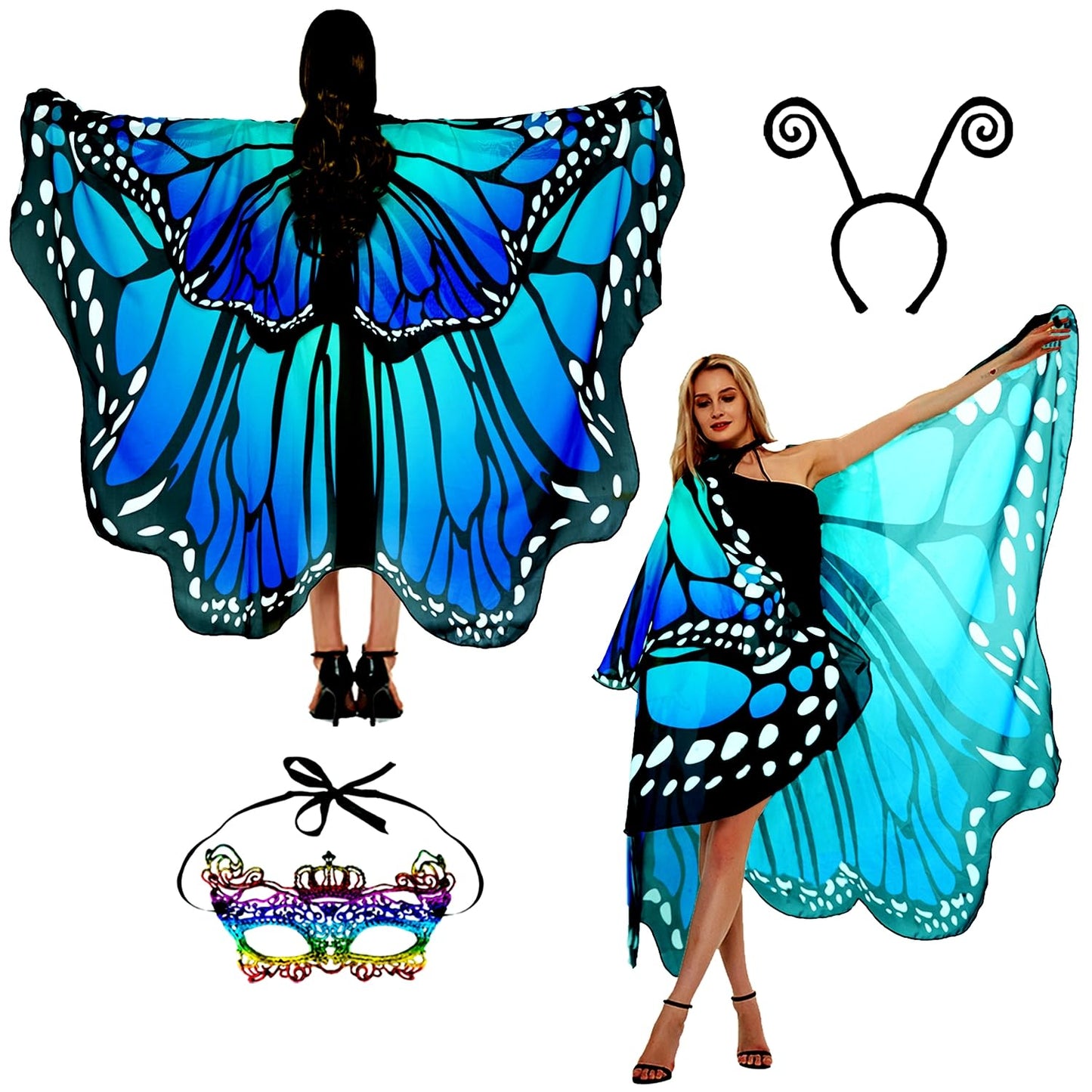 Sunlisky Halloween Costumes for Women Adult Double-Sided Butterfly Costumes Wing Cape Shawl 3Pcs（Green & Blue）
