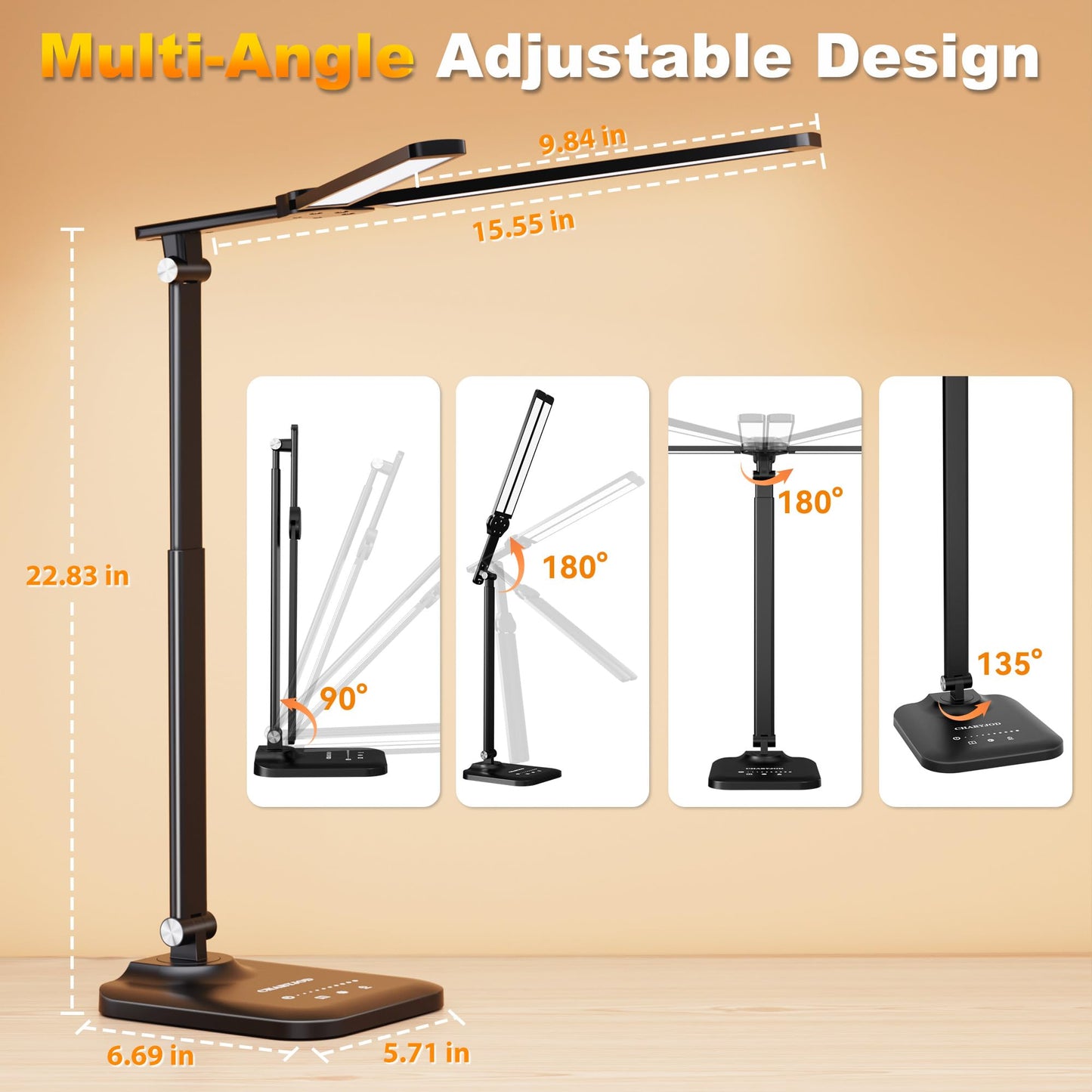 CHARYJOD LED Desk Lamp for Office Home, Height Adjustable Architect Desk Light with USB Adapter, Stepless Dimming Table Lamp Light for Reading, Study, Workbench