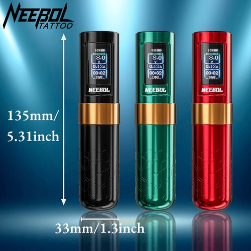 Neebol Wireless Tattoo Gun Rotary Tattoo Machine LED Display Screen 8 Hour Battery Life Extra Battery Permanent Tattoo Art High-end Tattoo Pen Equipment Supply Makeup Gift (Red)