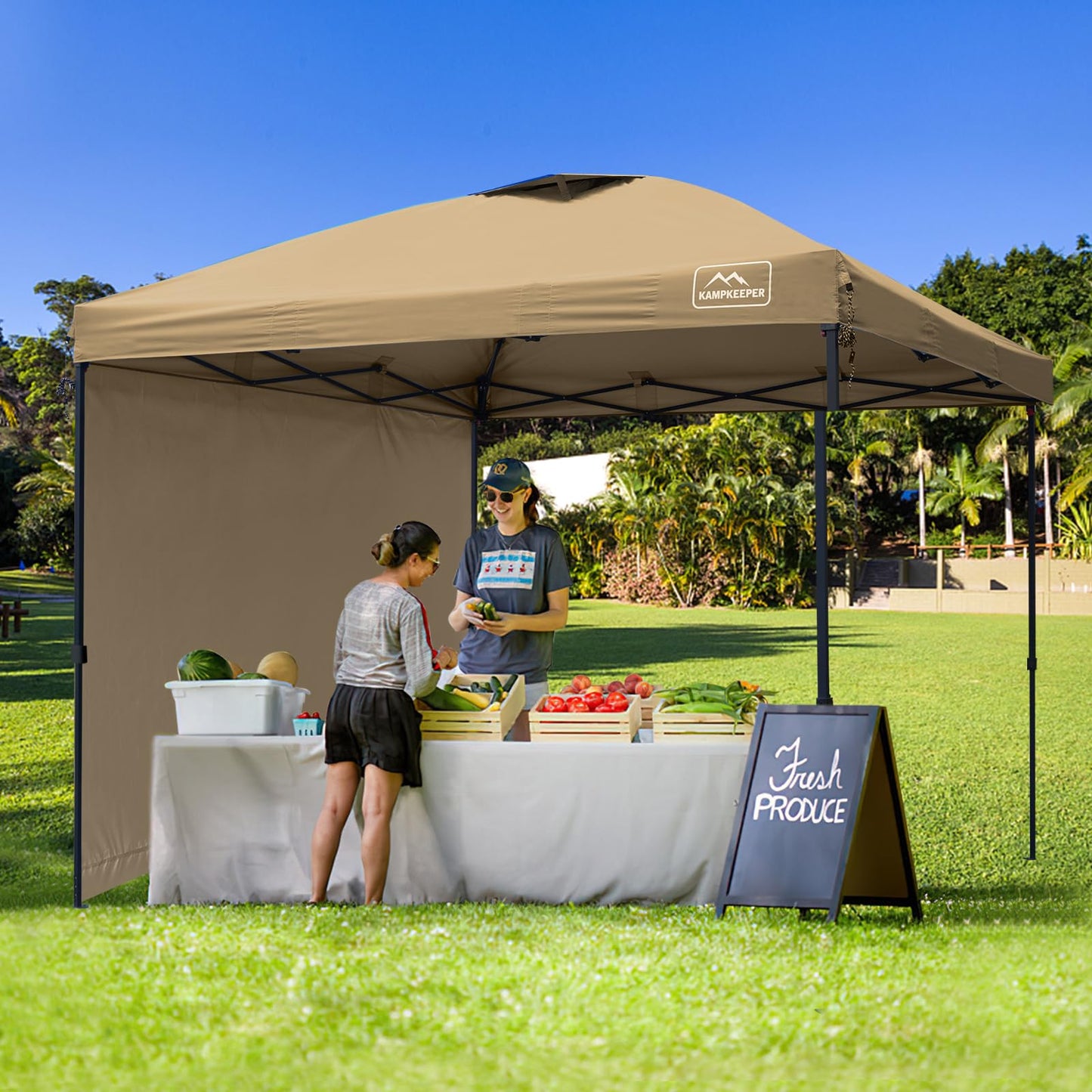 KAMPKEEPER 10x10 Pop Up Canopy Tent with 2 Sidewalls, Beach Tent - Easy Outdoor Sun Shade for Events, Parties, Camping - Gazebo with 4 Weight Bags & Carry Bag.（Khaki）