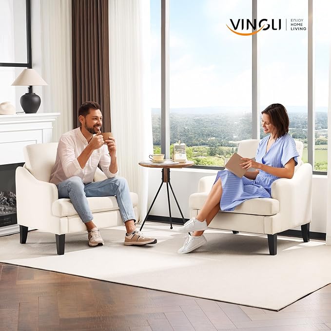 VINGLI Linen Fabric Accent Chairs Set of 2, Beige Modern Upholstered Armchair, Comfy Sofa Chair Living Room Bedroom Furniture for Apartment