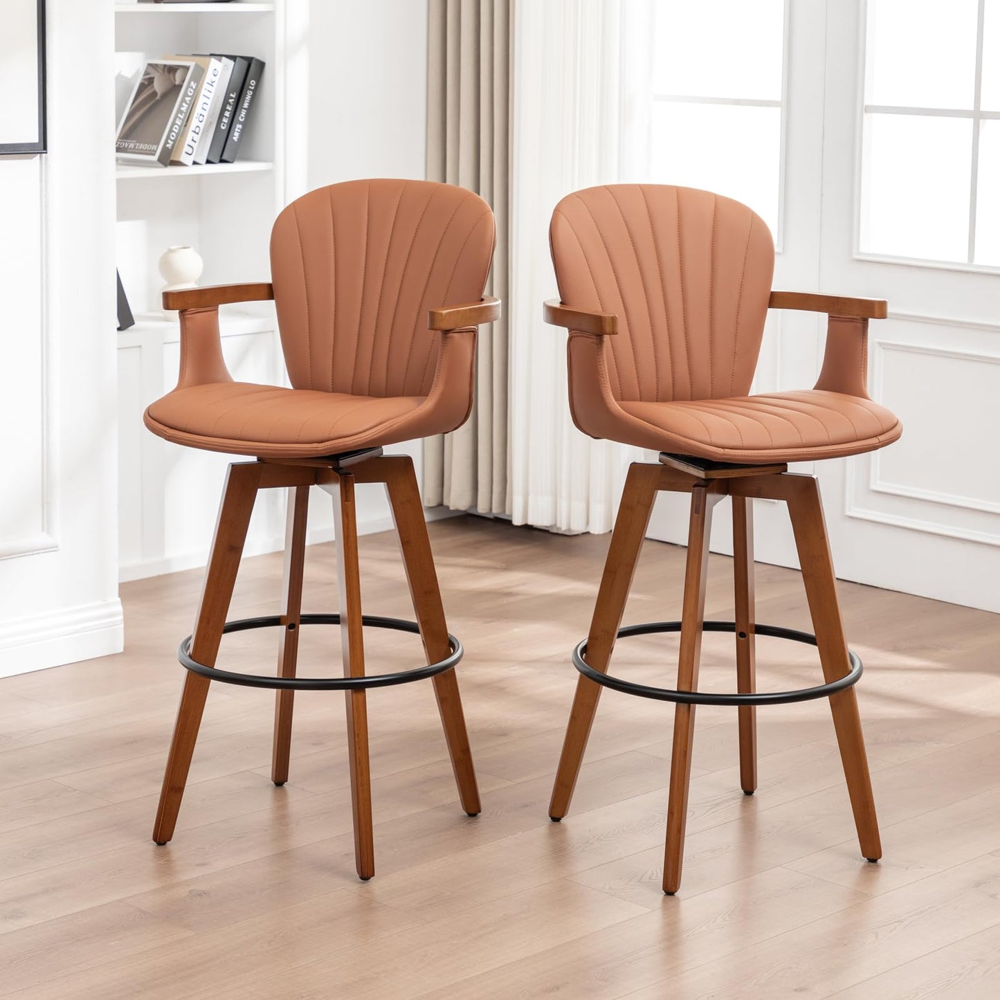 LUNLING 30” Bar Height Stools,Mid Century Modern Bar Stool,Orange PU Leather Kitchen Island Stools,Wood High Barstools Swivel with Back and Arms for Home Bar Furniture,1PCS