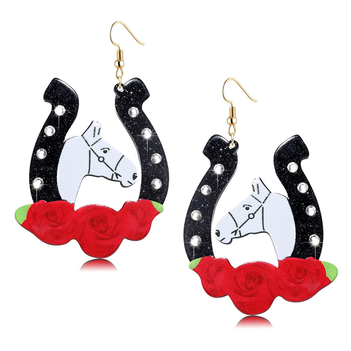 Kentucky Derby Race Horse for Women Glitter Acrylic Rhinestone Horseshoe Rose Drop Dangle Earrings Jewelry Gift for Horse Racing