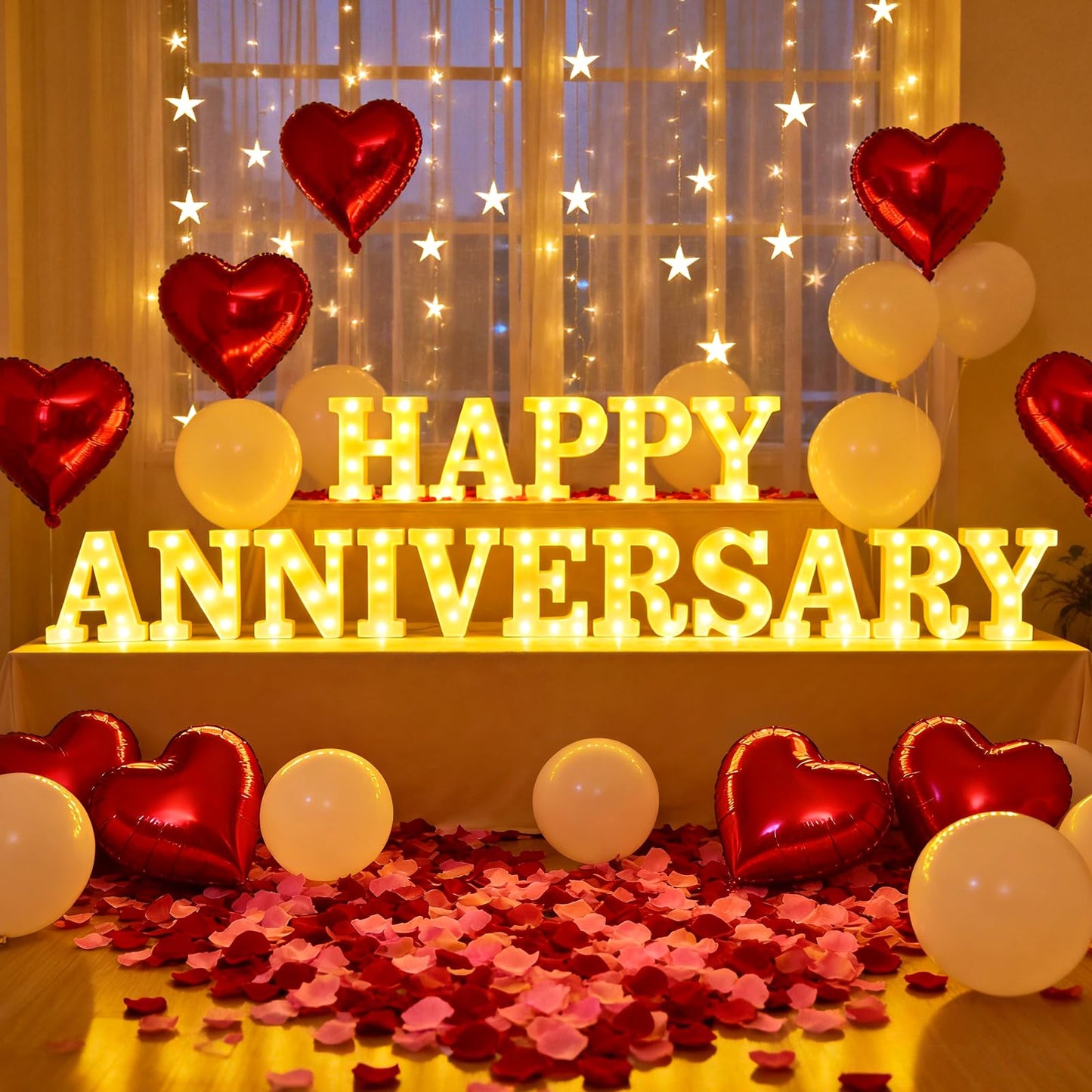 Happy Anniversary Decorations, Light up Letters Sign, with Rose Petals, Round Pearlescent Balloon, Aluminum Balloons, Light LED Neon, Table Decor for Valentine's Day Wedding Romantic Party