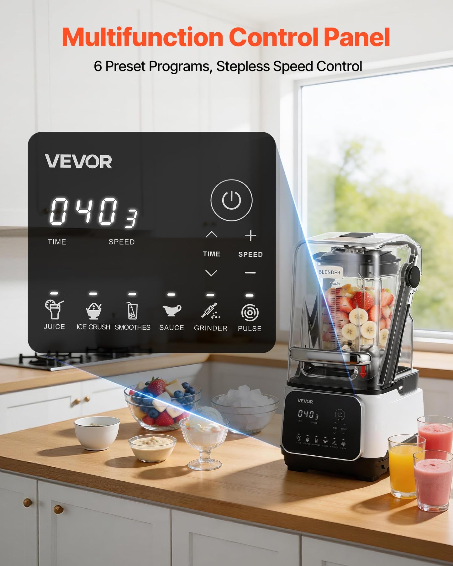 VEVOR Blender, 68 oz Professional Countertop Blenders with Shield, 2200W 26000RPM Kitchen Food Processor Combo, Self-Cleaning, Speed Adjustable, 6 Preset Menu for Smoothies, Ice Crushing, Puree, White