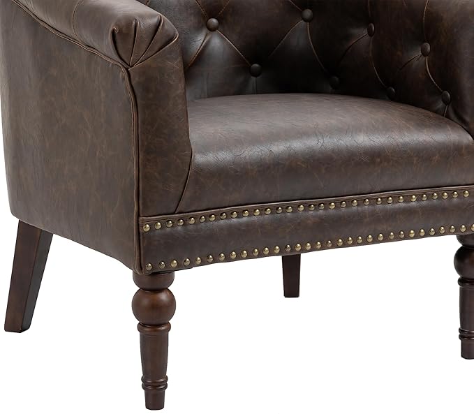 UIXE PU Leather Accent Chair, Barrel Club Chair Modern Upholstered Armchair for Living Room, Comfy Nailed Trim Arm Chair Bedroom Reading Seat, Chocolate