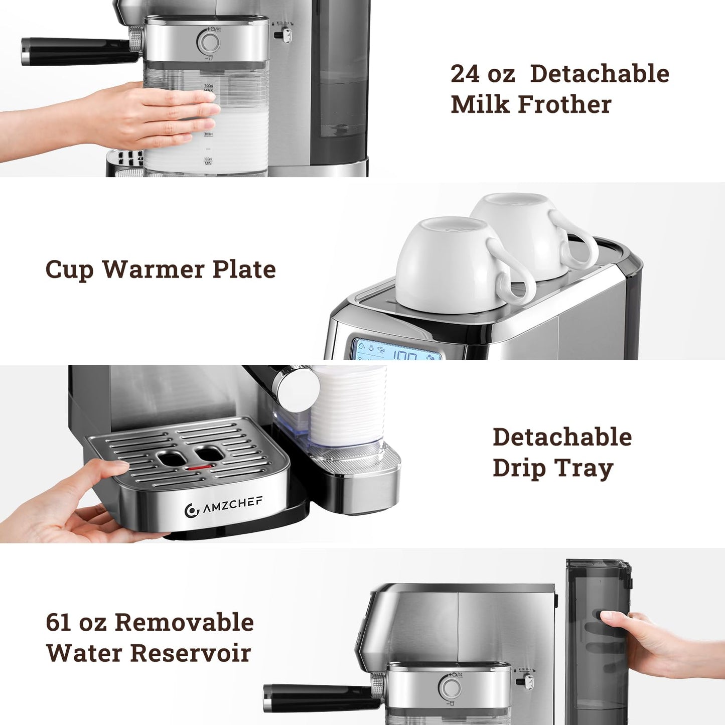 AMZCHEF Espresso Machine with Upgraded Automatic Milk Frother, 20 Bar Cappuccino & Latte Maker with LCD Display, Dual Wall Filters, Metallic Silver – Ideal Home Gift