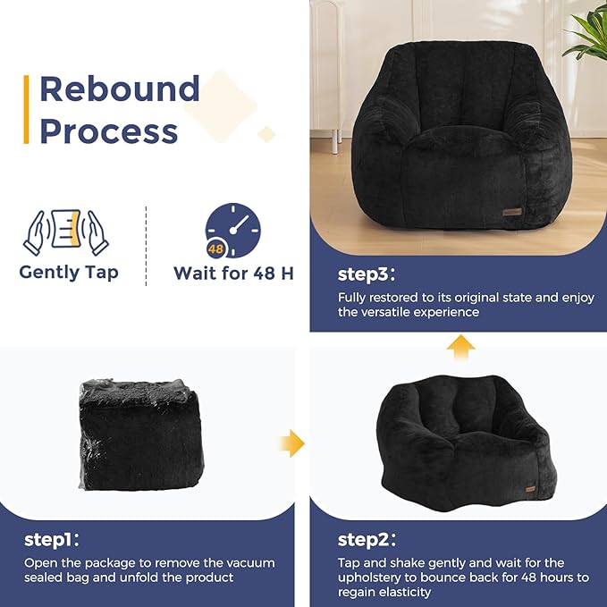MAXYOYO Bean Bag Chair, Comfy Bean Bag Sofa with Back Support, Faux Fur Bean Bag Chair for Adults and Kids, Stuffed Floor Sofa for Living Room, Bedroom, Apartment, Black