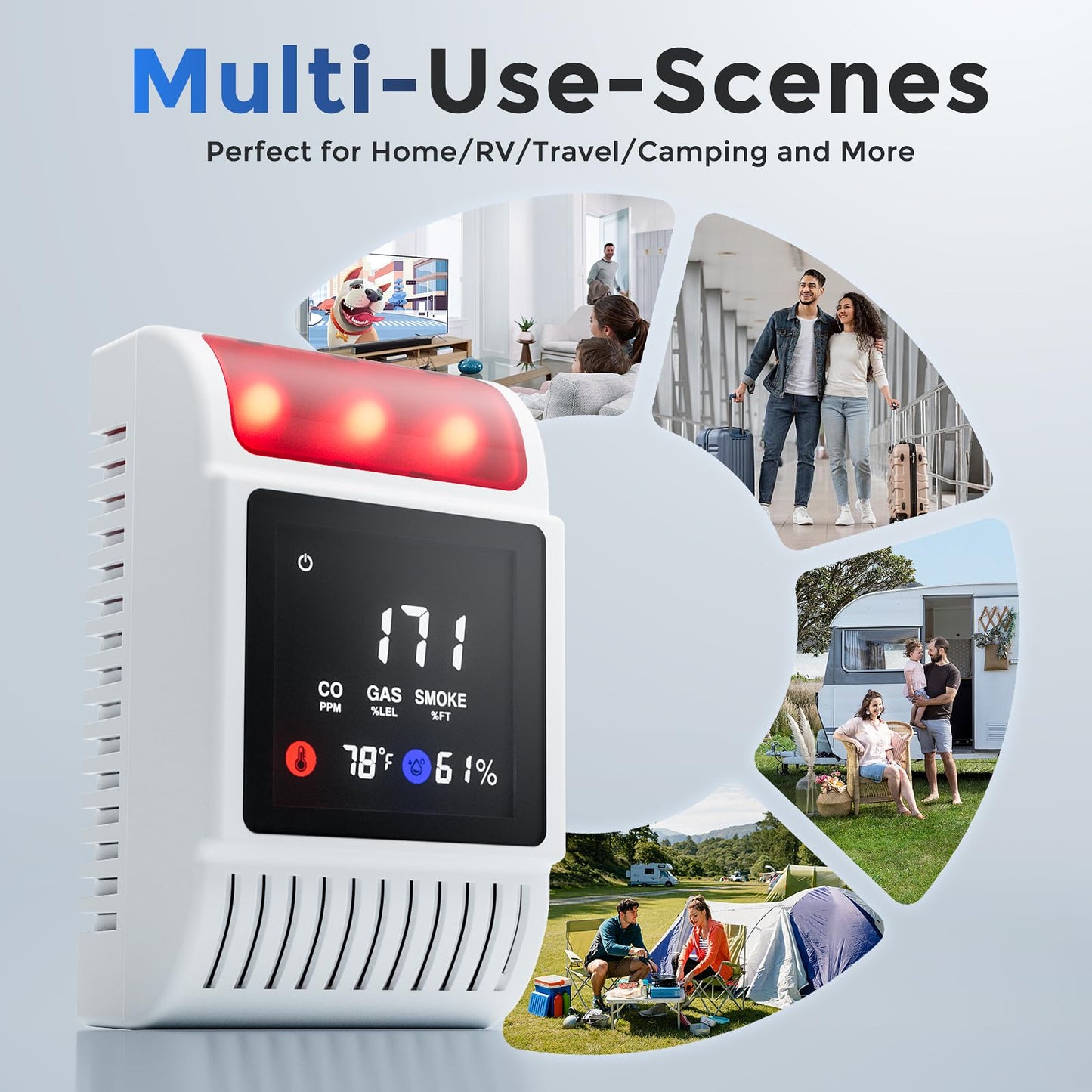 Carbon Monoxide Detectors & Gas Detector, Smoke and Carbon Monoxide Detector Battery Backup with Temperature Humidity Detection, CO & Smoke Alarm Adjustable Brightness & Sound for Home/Travel 2 Pack