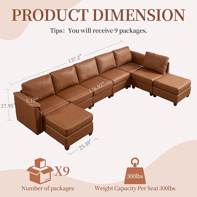 Modular Sectional Sofa,Modern U Shaped Sectional Couches for Living Room,8 Seat PU Leather Deep Seat Sectional Cloud Couch with Storage,Brown