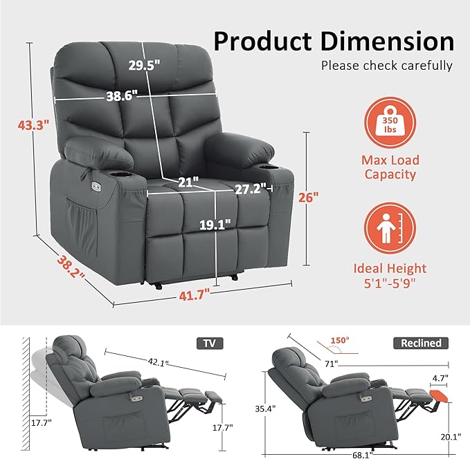 MCombo Oversized Power Lift Recliner Chair with Extended Footrest, Extra Wide 27.2" for Big and Tall Elderly People, Faux Leather R7289 (Dark Grey, Medium-Oversize)