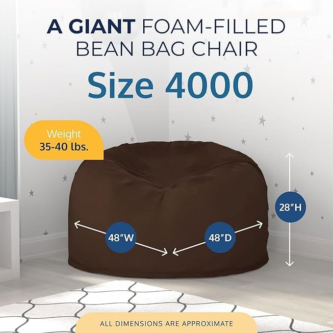Ultimate Sack 4000 4-Foot Bean Bag Chair, Brown Suede Cover – Oversized Foam Lounger, Floor Seat, Small Sofa, or Couch Bed for Living Area, Gaming Room, or Reading Lounge