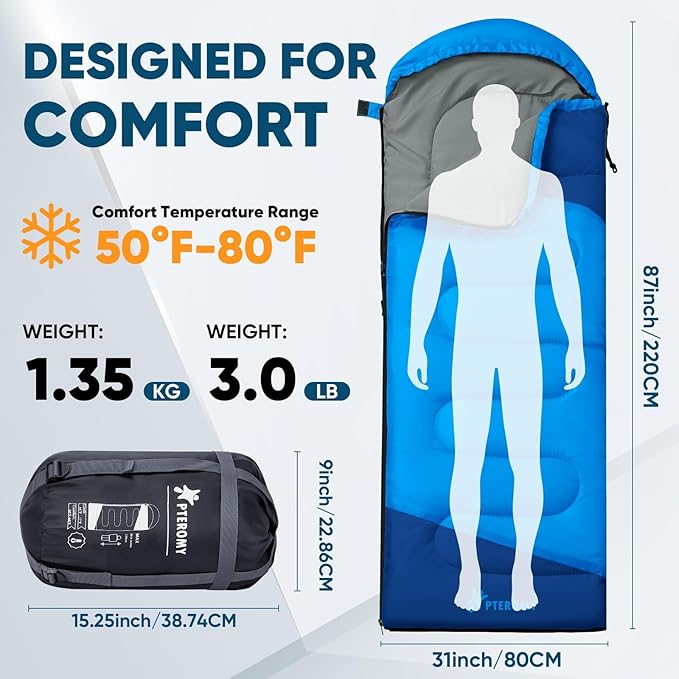 PTEROMY Sleeping Bags for Adults, Lightweight and Machine Washable, Water Resistant Backpacking Camping Sleeping Bag for Warm Cold Weather, Camping Essentials for Hiking Travel