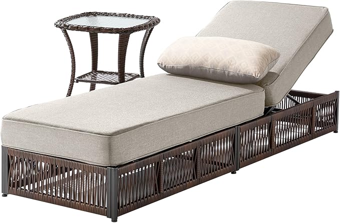 ACTREST Luxury 2PCS Outdoor Chaise Lounge and Side Table Set with 5 Inch Thick Cushions - High Back Brown Wicker Patio Recliners Chairs Lounger for Poolside Pool Porch Garden Sunbathing - Beige