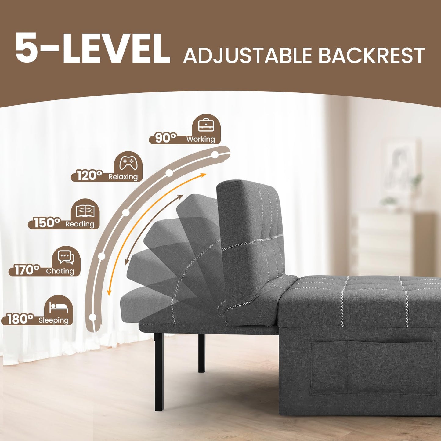 SEJOV 34'' Width Convertible Sleeper Chair, 4 in 1 Multi-Function Folding Ottoman Bed w/Adjustable Backrest & Pillow, Modern Large Single Recliner Assembly-Free Sofa Bed for Small Spaces, Dark Gray