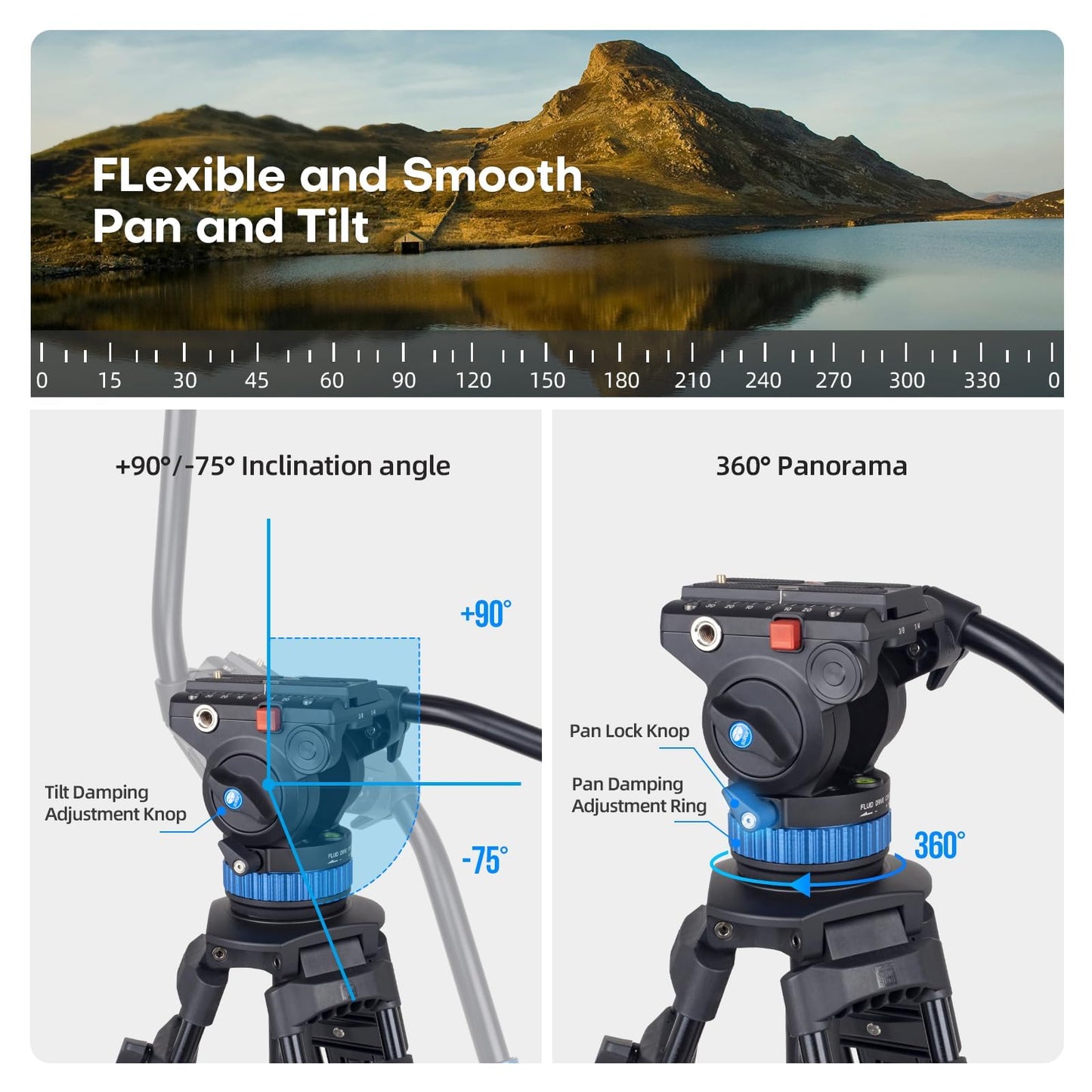 SIRUI AM-25S Video Tripod, 74.8" Professional Heavy Duty Tripod with Adjustable Damping Fluid Head for Camcorder, Cameras, DSLR, 360° Pan & +90°/-75° Tilt, Quick Release Plate, Max Load 22.0lb