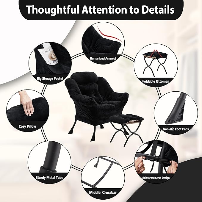 Youtanic Lazy Chair with Folding Ottoman, Accent Chair Plush Upholstered with Metal Structure and Non-Slip Pads, Sofa Armchair with Footrest and Side Storage Bag for Dorm, Room, Office, Black
