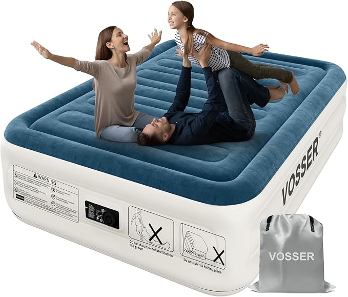 VOSSER Queen Air Mattress with Built-in Pump,18''Fast & Easy Inflation/Deflation Inflatable Mattress, Foldable Blow Up Mattress with Storage Bag, Inflatable Bed for Home, Camping & Guests