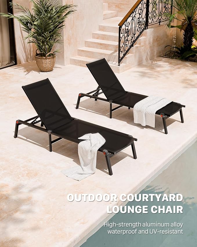 Aluminum Chaise Foldable Patio Lounge Chair Outdoor, Metal Deck Lounger Adjustable 5-Position Recliner Pool Chase Breathable Full Flat Outside Sun Tanning Chairs for Beach/Poolside/Lawn(Black, 2 Pack)