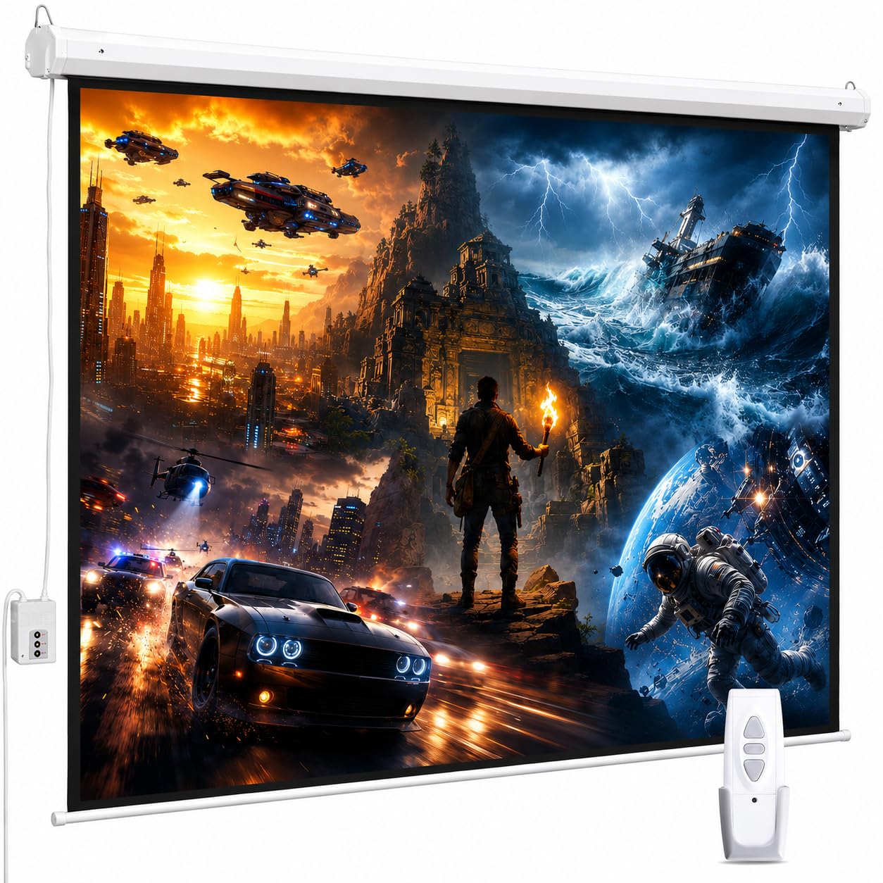 100" Motorized Projector Screen, Electric 16:9 Projector Screen with Remote Control, Indoor/Outdoor HD Movie Screen, Wall/Ceiling Mounted, Perfect for Home Office Theater TV, White