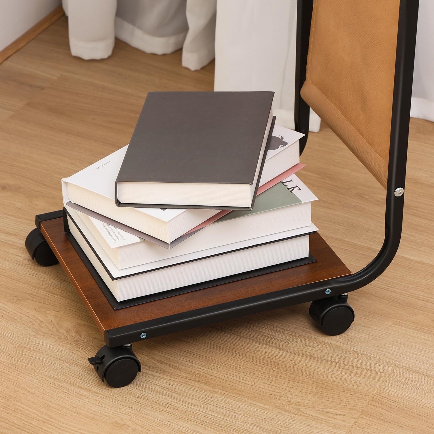 diowewea C Shaped End Table, Adjustable Height Side Table for Small Spaces, C Table with Wheels, Couch Table with Storage Shelf and Fabric Storage Bag, Side Table for Sofa Living Room Bedroom Brown