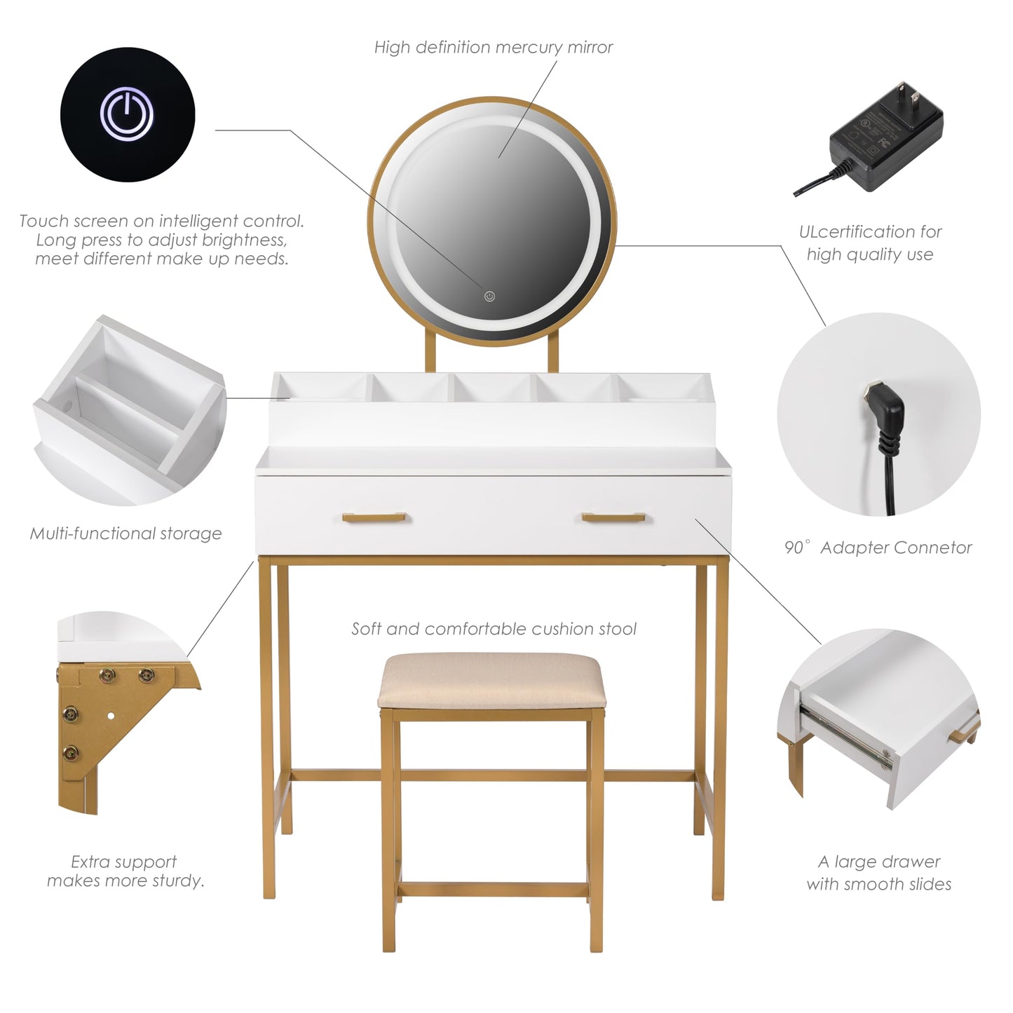 UTEX Makeup Vanity Desk with Mirror and Lights, Makeup Vanity Set with Drawers, Small Dressing Up Table, 3 Lighting Modes Dresser Desk and Cushioned Stool Set for Bedroom White and Gold