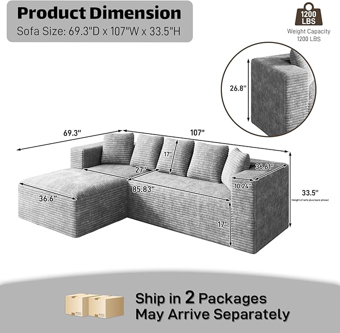Modular Sectional Sofa, 107" L Shaped Cloud Couch Plush Corduroy Deep Seat Boneless Sofas with 5 Pillows Long Chaise Lounge Couches Memory Foam for Living Room - Grey, Left Facing Chaise