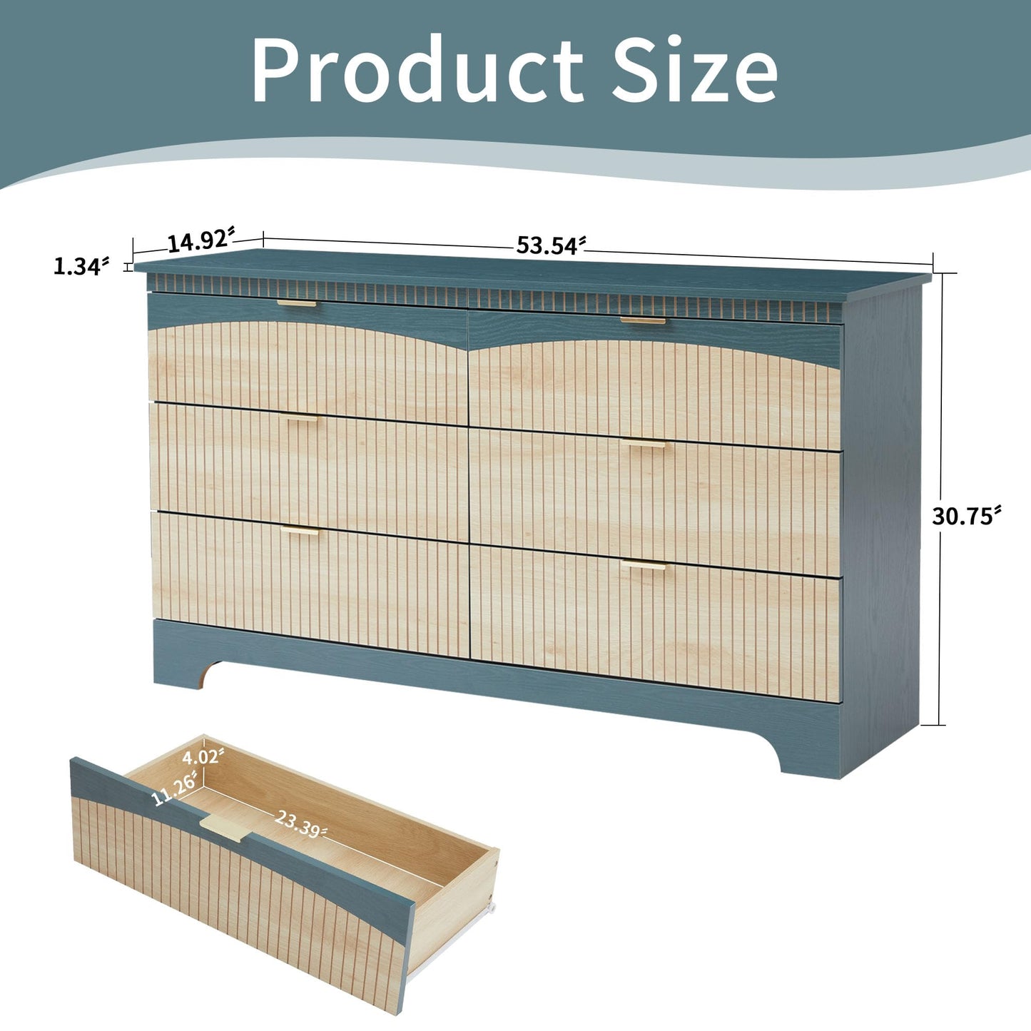 Janmer Home Fluted 6 Drawers Dresser for Bedroom, Mid Century Modern Dresser for Closet & Chest of Drawers, 54 Inch Wood Large Drawer TV Stand for Living Room (Teal, 6 Drawer)