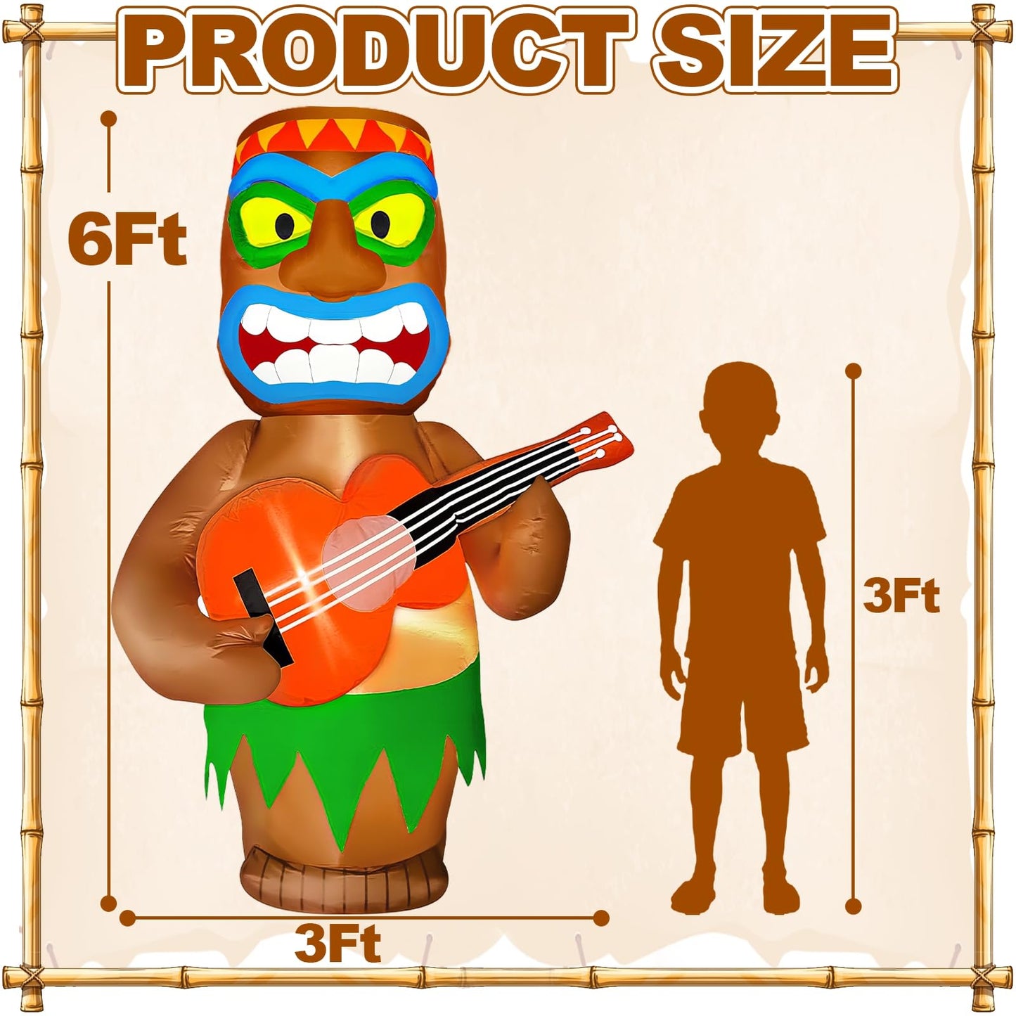TURNMEON 6 FT Inflatable Tiki Playing Guitar Outdoor Luau Hawaiian Tropical Party Decoration, Built-in LED Lights Blow up Tiki Man Bar Decor for Yard Lawn Garden Beach Summer Pool Party Favor Supplies