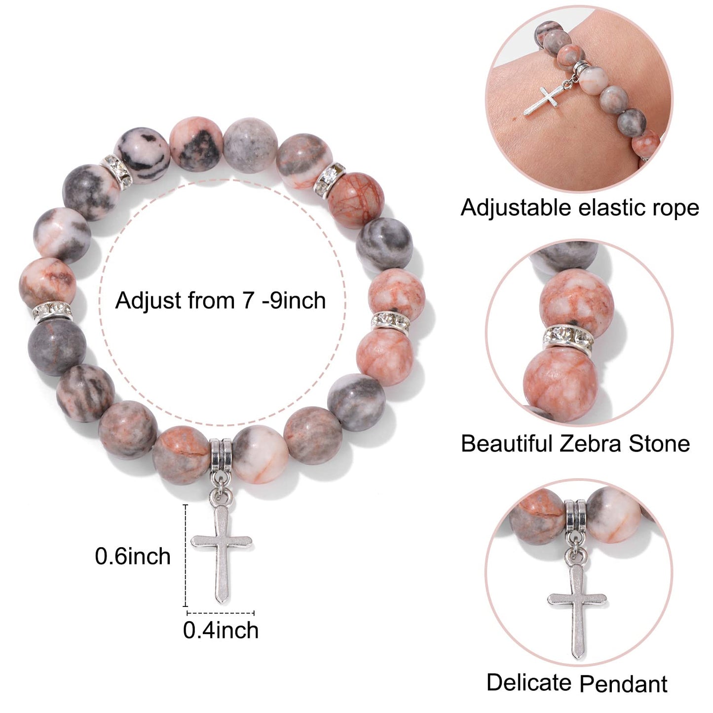 GolbalJew Healing Bracelet for Women Anxiety Cross Pendant Beaded Bracelets Pink Zebra Stone Jewelry Stress Relief Yoga Beads Br