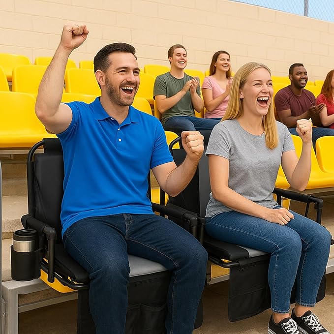 Romswi Folding Stadium Seat Bleacher 2PK Portable Outdoor Floor Folding Stadium Chair with Armrest,Back Support,Cup Holder,Mesh Bag and Hide Hooks