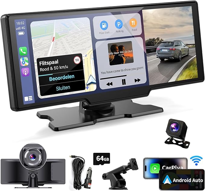Wireless Portable Carplay Screen for Car - 10.26Inch Carplay & Android Auto Car Touch Stereo, with 4K Dash Cam, Backup Cam...