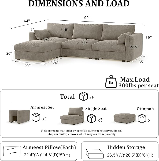 Cloud Modular Sectional Sofa Couch with Storage Ottoman, 99" Oversized Sectional Couches for Living Room, Cloud Modular L-Shaped Sofa with Chaise, 4 Seater, Chenille, Light Gray
