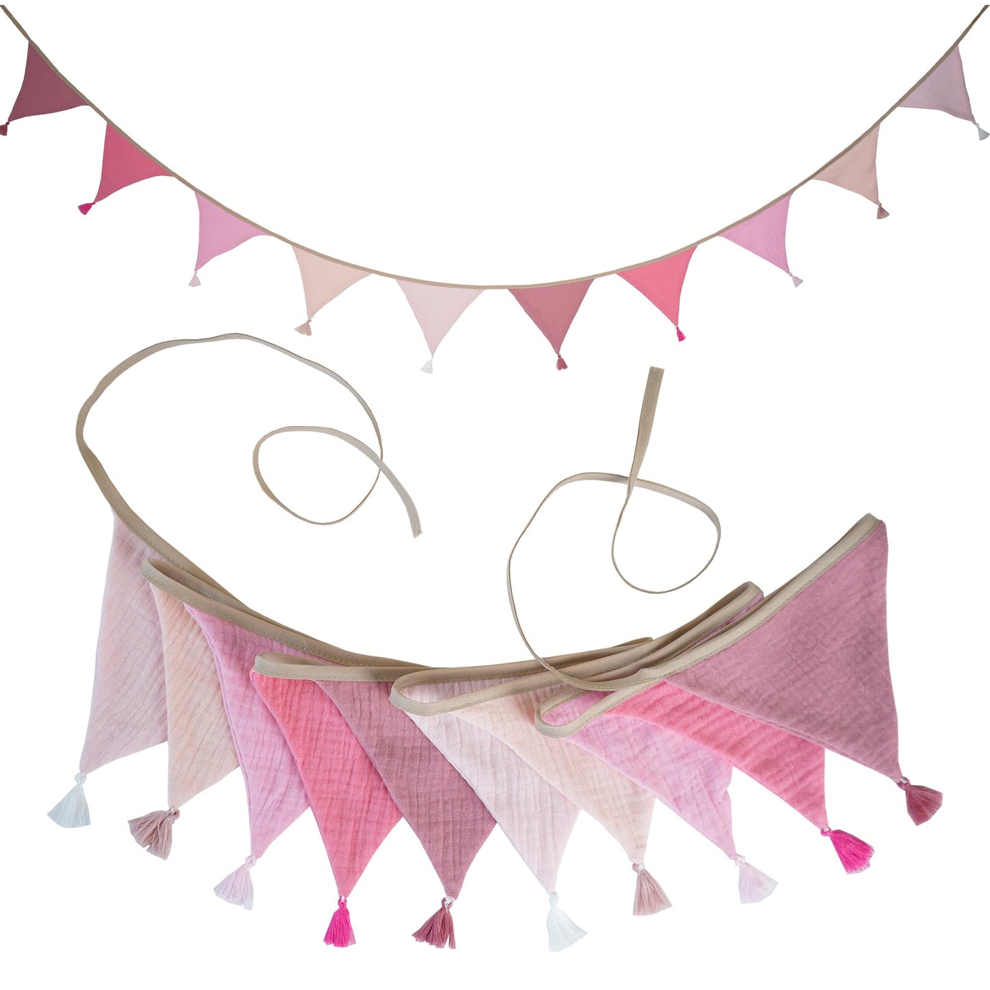 Fabric Bunting Banner, 2 Pack Handmade Neutral String Banner with Tassel Each 8.5 ft 10 Flags Nursery Wall Hanging Wedding Birthday Home Baby Shower Party Decoration Bunting (Pink 2 Packs)