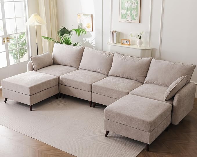 Rexulqo 135'' Modular Sectional Sofa with All Seats Storage, Oversized U Shaped Couch for Living Room,4-Seater Comfy Cloud Couch with Movable Ottoman,Big Sectional for Bedroom,Velet,Khaki