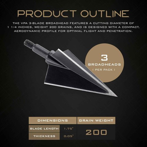 Vantage Point Archery VPA 1 1/4" 3 Blade 200 Grain 3-Blade Broadhead, Screw-in, 1045 Carbon Tool Steel 50-52 Rockwell, 3 Pack, Made in The USA