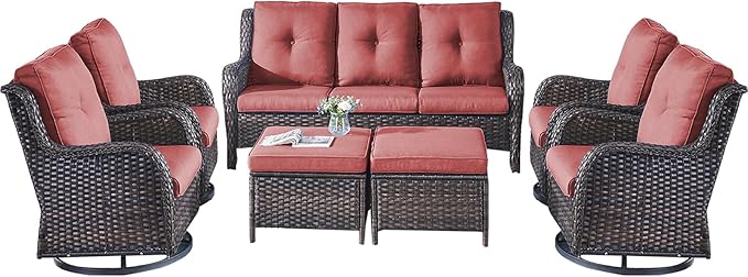 Rilyson Patio Furniture Swivel Chairs Set - 7 Piece Wicker Rattan Outdoor Sectional Conversation Sets with 4 Swivel Rocking Chairs,2 Ottomans and 1 Sofa for Porch Deck Garden(Brown/Red)