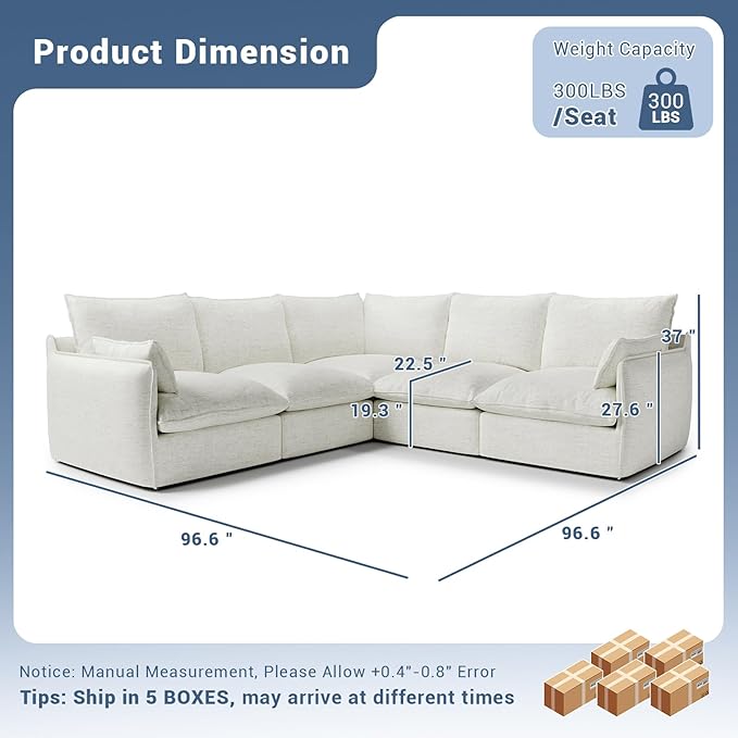 Lopzeho Cloud Modular Sectional Sofa, Waterproof Down Filled Sectional Sofas, High Backrest V Shaped 5 Seater Sectional Couches for Living Room, Modern Modular Couch with Removable Cover, Cream White